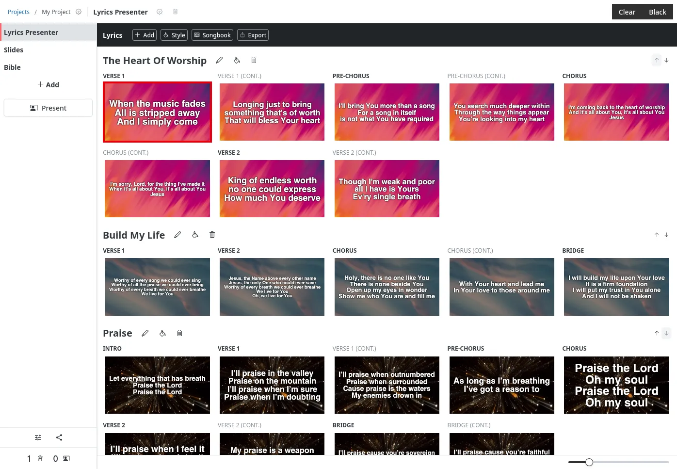 TheOpenPresenter lyrics view, with slides built for three worship songs