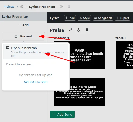 The Lyrics Presenter editor with the Present menu open, highlighting the Open in new tab option